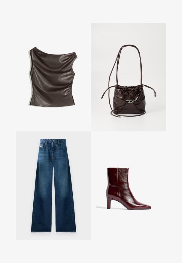 Asimetričen top z enim ramenom v temno rjavi umetni usnjeni tkanini; nabran stranski Detajl; gladka tekstura z rahlim sijajem; oprijeta zasnova.; Široke denim hlače v temni barvi. Ponuja tradicionalno zasnovo s petimi žepi, zapiranje na gumb in rahlo bledenje na stegnih.; Burgundska usnjena gležnarja s koničastim nosom, elegantne zasnove in srednjo blok peto. Gladka tekstura in minimalno šivanje.; Temno rjava sijoča usnjena torba čez ramo z nabiranim zgornjim delom in tankim nastavljivim trakom, ki je na sprednji strani opremljena z majhno kovinsko zaporo srebrne barve.