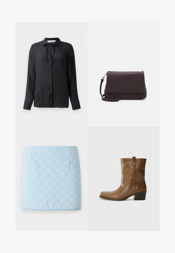 Fekete gombos blúz, nyakán kötőtárral, texturált anyagból, hosszú ujjal, csipke díszítéssel az alján. A gombok fekete és fényesek.; Világoskék steppelt szoknya gyémántmintával, két oldalsó zsebével és egyenes szegéllyel. Texturált anyagból készült.; Barna bőrből készült bokacsizma négyzet alakú orral, texturált felülettel és alacsony, rakott sarkával. Hátsó húzófüllel és finom varrási részletekkel rendelkezik.; Tiger of Sweden LIMBIATE UNISEX - Keresztpántos táska - pure decadence