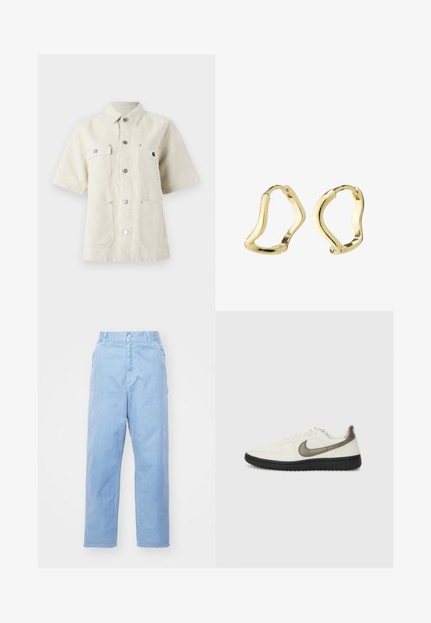 Košile s krátkým rukávem ve světle béžové tkanině, s špičatým límcem, předními knoflíky, dvěma náprsními kapsami a malou nášivkou loga nalevo.; Světle modré džínové kalhoty se střihem se rovnými nohavicemi, zapínáním na knoflík a předními kapsami. Tkanina má jemnou texturu s hladkým povrchem.; Nike Sportswear FIELD GENERAL - Tenisky - off-white/black; Zlaté kruhové náušnice se tekoucím, vlnkovým designem. Hladký povrch, otevřený tvar a žádné viditelné upevnění. Minimalistický a moderní vzhled.