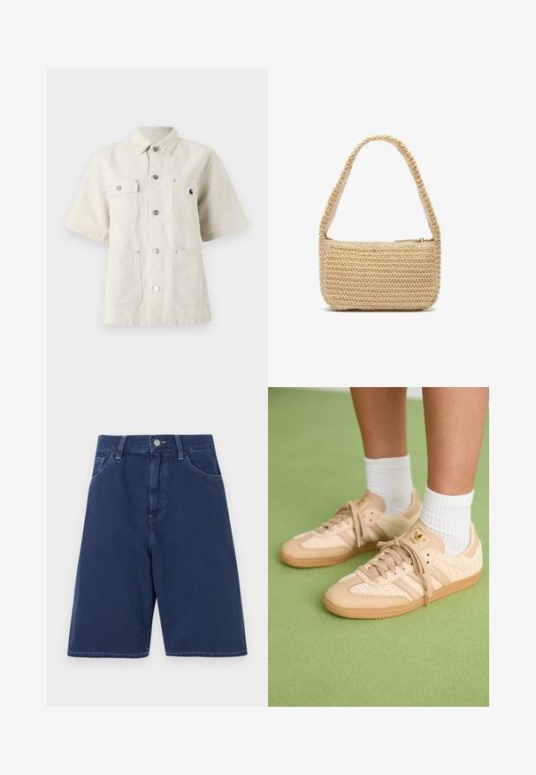 Camicetta a maniche corte in tessuto beige chiaro, con colletto a punta, bottoni frontali, due tasche sul petto e una piccola patch con logo a sinistra.; Shorts in denim blu navy con un design tradizionale a cinque tasche, passanti per cintura e chiusura frontale con bottone. Texture liscia con cuciture visibili.; Piedi che indossano sneakers Adidas intrecciate beige con suole in gomma e calzini bianchi alla caviglia su un pavimento texturizzato verde.; Borsa a spalla in paglia intrecciata di un beige chiaro, con rivestimento in tessuto morbido, chiusura con zip e tracolla arrotondata per un trasporto facile.