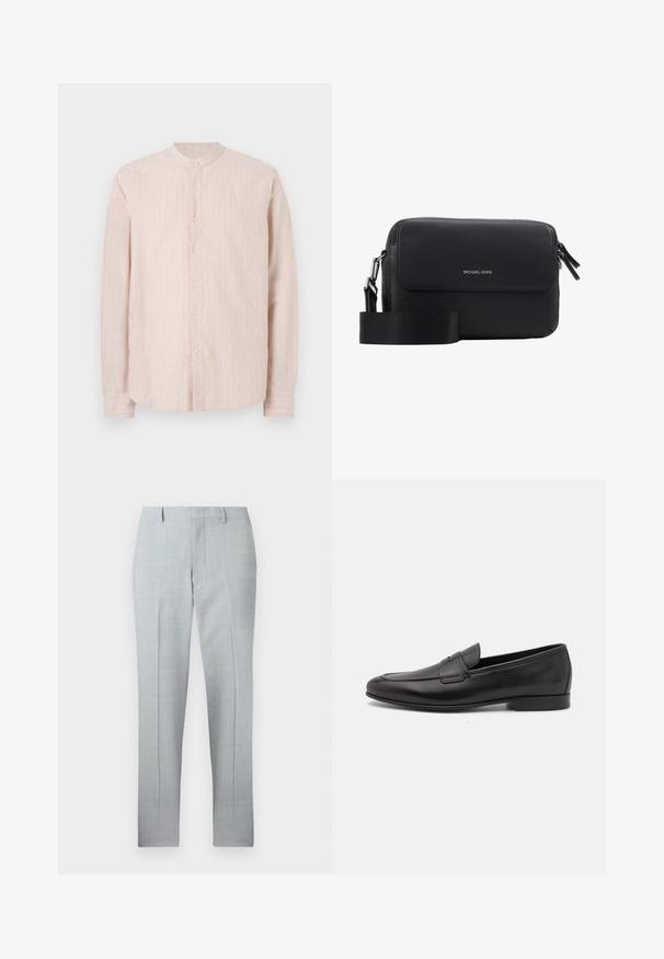 Camisa de botão rosa claro com colarinho em banda, apresentando riscas verticais brancas, mangas longas e barra reta. O tecido parece ter textura.; Calças cinza claro com textura suave, design ajustado, pernas retas e padrão xadrez subtil, com presilhas para cinto e sem bolsos visíveis.; Sapatilha masculina em couro preto, com salto baixo e um design clássico com tira de moeda, apresentada em perfil lateral sobre um fundo branco.; Malinha cruzada de couro preto com textura texturizada, fecho de aba, logo prateado e alça ajustável. Forma retangular compacta.