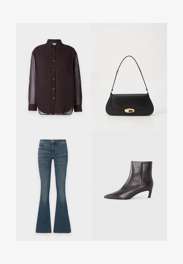 Black button-up shirt with sheer long sleeves, a chest pocket, and a rounded hem. Smooth fabric texture; classic collar design.; Flared blue jeans made of denim, featuring a mid-rise waist, front pockets, and subtle fading along the legs. Classic five-pocket style.; Black leather ankle boot with pointed toe and low kitten heel, smooth finish, side zipper, shown on a neutral background.; Black leather handbag with a curved design, gold-tone hardware, and a top handle. Features a sleek closure and smooth texture.