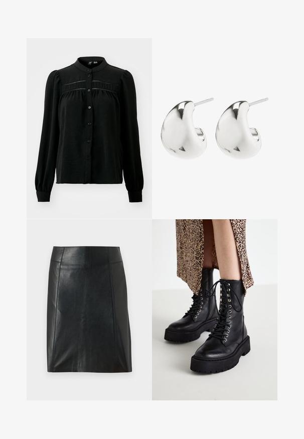 Vero Moda VMEMMA - Skjortebluser - black; Sort lædernederdel med en tætsiddende pasform. Glat tekstur, sømme der fremhæver formen, og en lige kant. Minimalistisk og strømlinet udseende.; Sorte læder kampstøvler med tykke gummisåler, snørebånd foran og metaløjer. Struktureret læder og kontrasterende platformdesign.; Sølv stud øreringe med et glat, buet design. De har en poleret overflade og en stift, der sikrer sikker bæring.