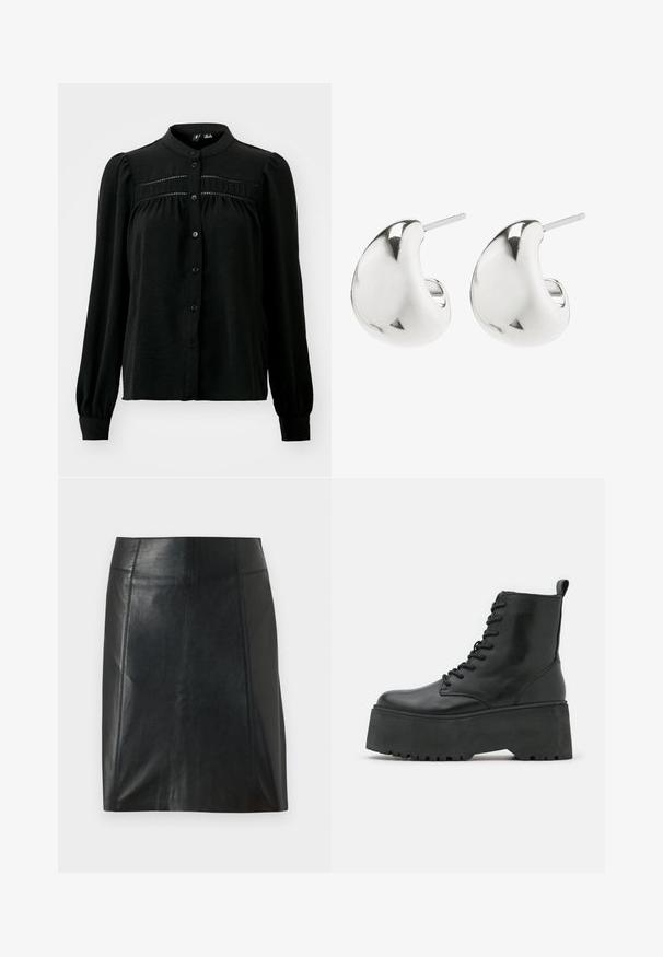 Vero Moda VMEMMA - Nööpidega pluus - black; Mustast nahast seelik, millel on kohandatud disain. Sile tekstuur, õmblused, mis rõhutavad vormi, ja sirge äär. Minimalistlik ja stiilne välimus.; Mustad mustad kingad paksu platvormi tallaga, valmistatud siledast nahast, nööpide ja taga tõmbeauguga.; Hõbedased kõrvarõngad, millel on sile, kumer disain. Need on viimistletud poleeritud pinnaga ja neil on kinnituseks post tagasi, tagades kindla kandmise.