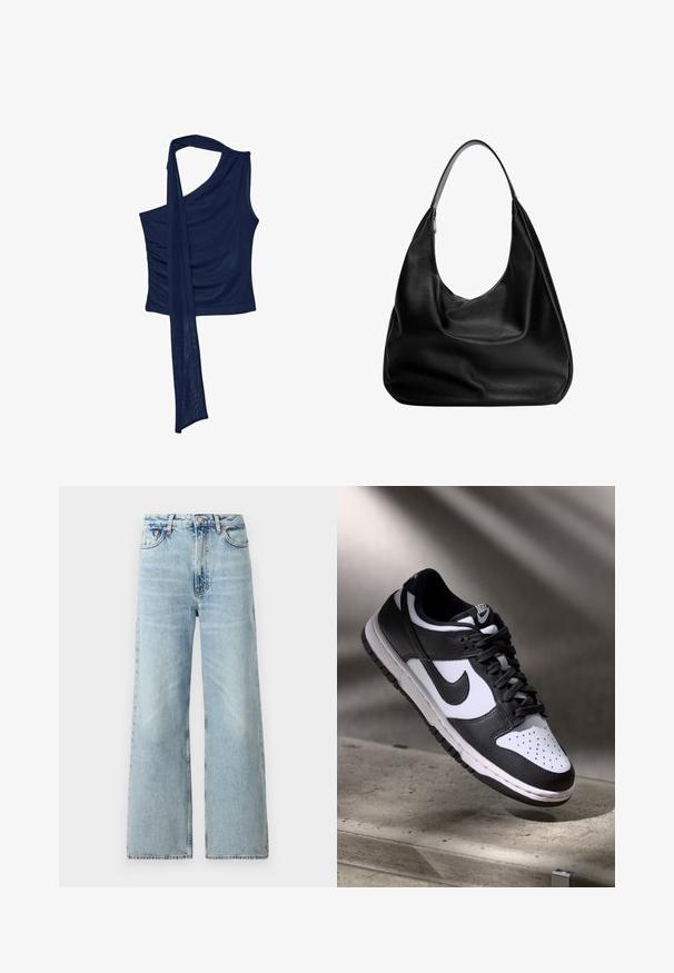 Tamno plava majica s jednim ramenom izrađena od mekog materijala s lepršavim detaljem marame. Ima naboranu stranu za dodatnu teksturu. Klasičan i elegantan dizajn.; Svijetloplave široke traperice s visokim strukom, napravljene od denima, s izbljeđenim uzorkom i vidljivim detaljima šivanja.; Crno-bijeli Nike Dunk Low tenisice s kožnim gornjištem, perforiranim prednjim dijelom, crnim vezicama, s bijelim đonom i logom.; Crna kožna hobo torba sa opuštenim dizajnom, širokim naramenicama i glatkom teksturom. Ima jedan zatvarač s jedne strane.