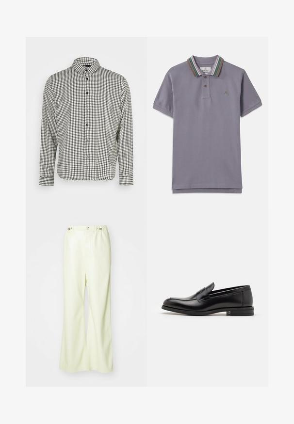 Camisa de botones en cuadros blancos y negros con cuello, mangas largas y dobladillo recto. Confeccionada con una tela ligera y botones negros.; Camisa polo púrpura con cuello acanalado que presenta rayas verdes, marrones y rosas; tapeta de tres botones; logo bordado en el pecho.; Pantalones de pierna ancha de color verde claro, fabricados en un tejido suave y ligeramente brillante. Cuentan con una cintura con botón y elástica, y un diseño limpio y a medida.; Mocasines de cuero negro con una textura suave, puntera redondeada y una tira decorativa en el empeine. Tacón bajo apilado, diseño minimalista.