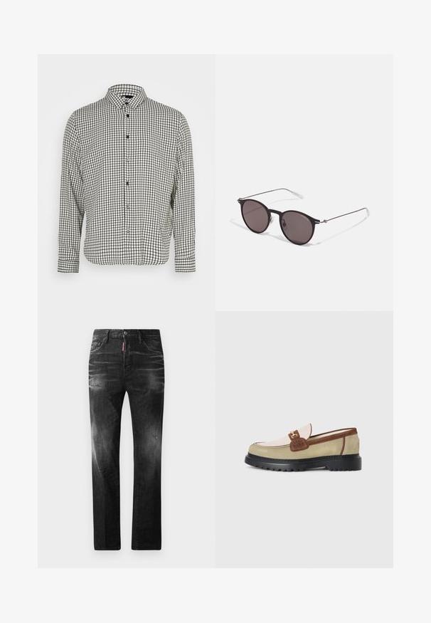 Nappapaita mustavalkoisilla ruuduilla, jossa on kaulus, pitkät hihat ja suora helma. Valmistettu kevyestä kankaasta ja mustista napeista.; Mustat denimfarkut suoralla istuvuudella. Ominaisuuksiin kuuluu haalistuneita alueita, pieniä kulumia, klassinen viiden taskun malli sekä nappisulku.; Loafer med beige, lyserosa och bruna mockapaneler, accent med guldmetallspänne och tjock svart gummisula med mönstrat grepp.; Musta pyöreä aurinkolasit tummilla linsseillä ja kapeilla metallikehyksillä. Sisältää kirkkaat temppelet ja hopeiset yksityiskohdat saranassa. Minimalistinen muotoilu.