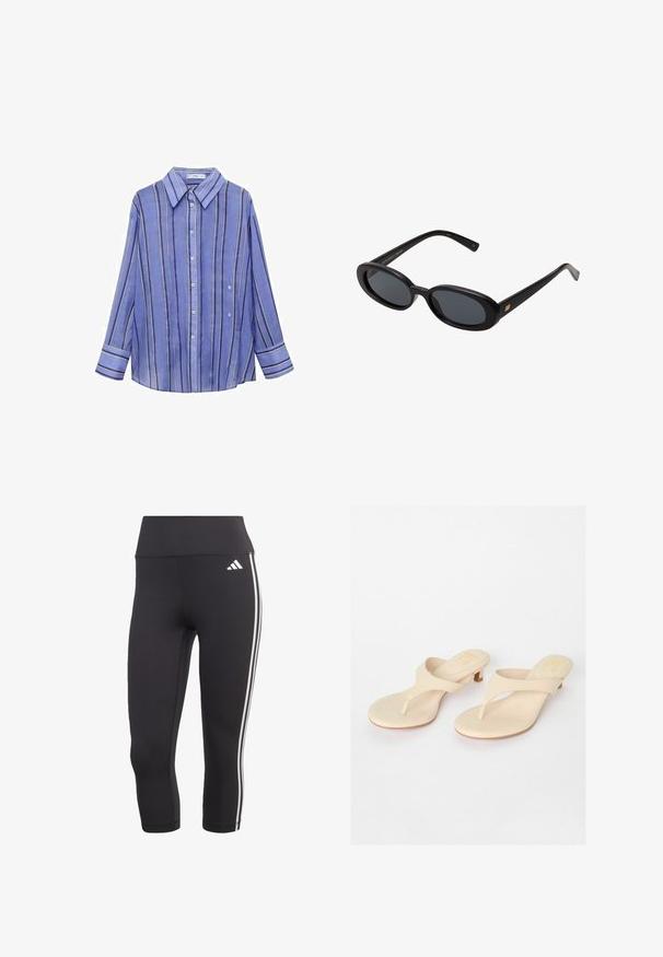 Blue striped shirt with long sleeves, button-down front, collar, and contrasting vertical stripes in white and purple. Smooth fabric texture.; Black three-quarter length leggings made of stretchy material with a wide waistband and three white stripes down the sides.; Beige thong sandals with a smooth synthetic upper and small block heel. Minimalist design featuring a toe post and rounded footbed.; Black oversized sunglasses with oval lenses, smooth plastic frame, and gold accents on temple. Dark lenses provide sun protection.