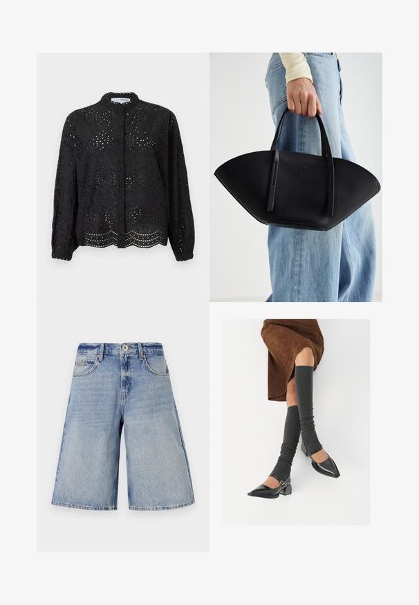 Blusa preta com botões, de mangas longas, com um intrincado desenho de ilhós e bainha recortada. Feita de um tecido leve com um acabamento texturizado.; Culottes de denim em azul claro com um acabamento desbotado, apresentando uma cintura alta, bolsos frontais e um corte largo e reto.; Sapatos pretos de pele lacada com biqueira pontuda, salto bloco e tiras no tornozelo, combinados com caneleiras cinzas em malha e uma saia de camurça castanha.; Bolsa de mão em couro preto com uma forma única em leque, apresentando alças planas. A superfície tem uma textura pebble e um design minimalista.