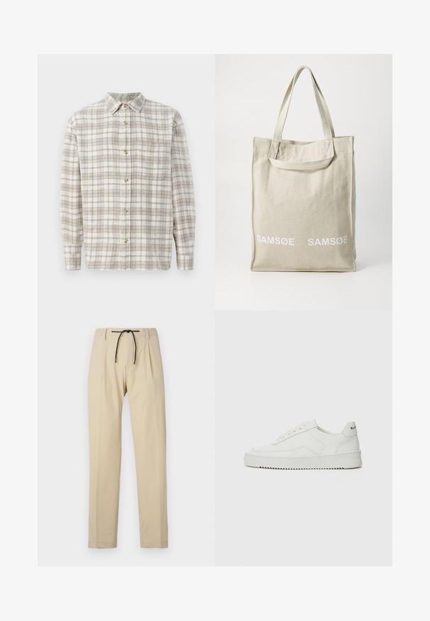 Beige ja valge ruuduline särk, kergete siniste detailidega. Pikkade varrukatega, nööpidega ees ja ühe rinna taskuga. Puuvillane materjal.; Harmaat housut suoran istuvuuden omaavat, varustettuna narukiristyksellä vyötäröllä, laskostetulla edessä ja sileällä pinnalla. Yksinkertainen, monikäyttöinen muotoilu.; Valkoinen nahkakenkä, jossa on sileä pinta, pyöreä kärki, tasaiset nauhat ja teksturoitu pohja. Sisältää huomaamattoman logon kantapäässä.; Kangasta valmistettu vaaleanbeige kassi, jossa on kaksinkertaiset kahvat. Etupuolella valkoisena painettu "SAMSOE" -logo. Suorakulmainen muoto yksinkertaisella designilla.