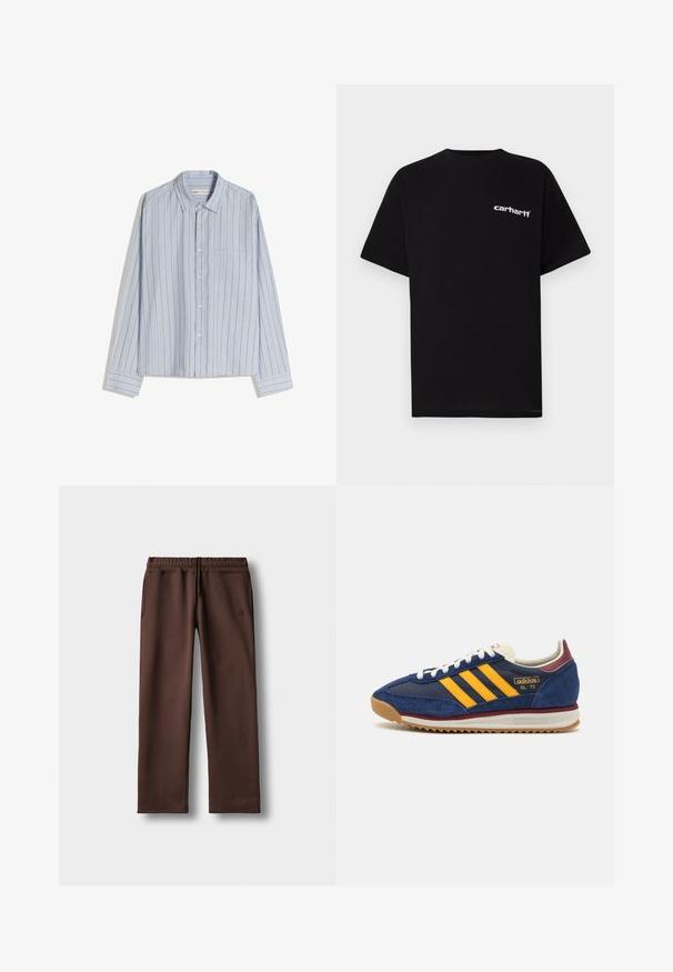 Svetlo modra srajca z dolgimi rokavi, ozkimi navpičnimi rdečimi črtami. Ima polkrožni ovratnik in en sam žep na prsih. Iz bombažnega materiala.; Črna bombažna majica s kratkimi rokavi, okroglim izrezom in belim napisom "Carhartt" na levi prsni strani. Gladek tekstura, minimalističen dizajn.; Bordeaux hlače za telovadbo iz mehkega blaga, z elastičnim pasom, podrobnostjo z vezalko in stranskimi žepi. Preprost kroj s ravnimi hlačnicami.; Mornarsko modre suede teniske z rumenimi črtami, belimi vezalkami in burgundskimi poudarki. Teksturna podplat z utori za oprijem. Logotip blagovne znamke na strani.