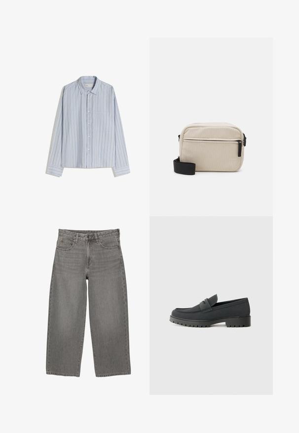Ljusblå långärmad skjorta med smala vertikala ränder i rött. Har krage med knappar och en enda bröstficka. Tillverkad av bomull.; Grå denimvid byxor med knäppning och dragkedja fram, bälteshällor och femficksdesign.; Svart loafersko med en slät, matt yta, med en rund tå och en tjock, texturerad sula. Accenterad med ett framrem.; Krämfärgad kordflod crossbody-väska med svart dragkedja, avtagbar rem och texturerat mönster. Har ett huvudfack och en framficka.