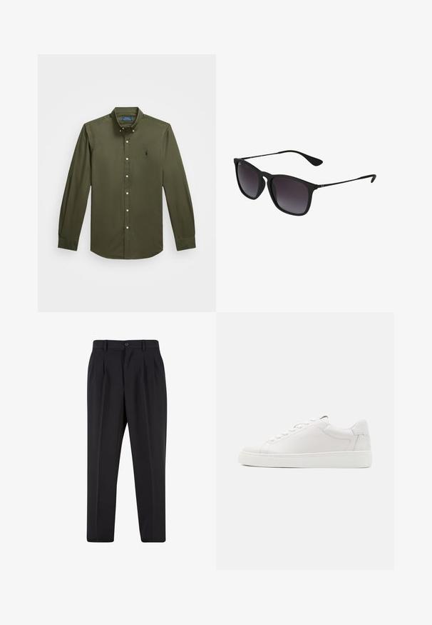 Olíva zöld, hosszú ujjú gombos ing. Galléros kialakítás, diszkrét hímzett logóval és standard gombos záródással az elején.; Fekete nadrág, pliszézett elejű dizájnnal, sima anyagból készült. Gombos záródás és övhurkok jellemzik; egyenes szabású.; GANT MC JULIEN - Sportcipő - white; Fekete napszemüveg, letisztult műanyag kerettel, sötét, árnyékolt lencsékkel, geometrikus formával és a szárán található jellegzetes márkajelzéssel.
