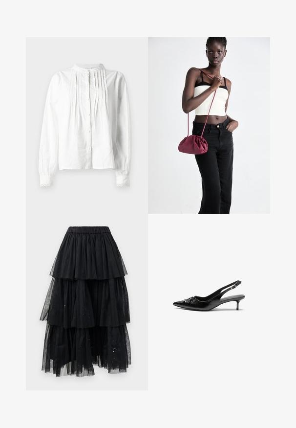 Balta ilgomis rankovėmis bliuska su stovinčiu apykakliniu, vertikaliomis klostėmis priekyje, mygtukų užsegimu ir nėrinių apvadais ant rankovių.; Sluoksniuota juoda tiulio sijonas su elastinga juosmens juosta ir kaskadinio dizaino, turinčio skirtingus ilgumus bei šviesius blizgučius.; Juodi odiniai aukštakulniai su dirželiais, smailia nosimi, žemu katinėlio kulniuku ir susitraukiančia detale ant bato viršaus. Lygi tekstūra ir minimalistinis dizainas.; Bordo minkštas audinys rankinukas su susiraukšlėjimu ir ilgu dirželiu, dėvimas per kūną. Modelis vilki baltą trumpą palaidinę ir juodas džinsus.