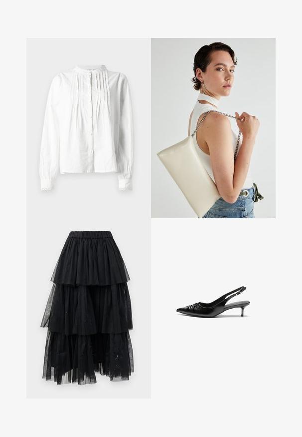 Vit långärmad blus med ståkrage, vertikala veck på framsidan, knappstängning och spetsdekorerade ärmslut.; Lagom med en lager-på-lager svartsammet nederdel med elastisk midja och en kaskaddesign med varierande längder och lätta glittrande accenter.; Svart läderslingback med spetsig tå, låg klack i kattunge-stil och veckdetalj på framdelen. Slät textur och minimalistisk design.; Vitt rektangulärt clutch-väsk i glänsande material, med en kedjesnor i silver. Modellen poserar och visar upp väskan mot en neutral bakgrund.