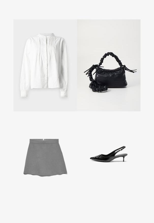Bijela bluzica dugih rukava s uspravnim ovratnikom, vertikalnim nabranim detaljima na prednjem dijelu, zatvaranjem na gumbi i čipkastim rubovima manžeta.; Siva suknja od mekanog materijala, s visokim strukom, trapezastog kroja i skrivenim patentnim zatvaračem na leđima.; Crne kožne sandale na petu s remenom oko pete, špicastim vrhom, niskom petom u stilu kitten i naboranim detaljem na gornjem dijelu. Glatka tekstura i minimalistički dizajn.; Crna torba od umjetne kože s teksturom krokodila, s cinčanim vrhom i naboranom trakom. Izgleda mekano i kompaktno u dizajnu.