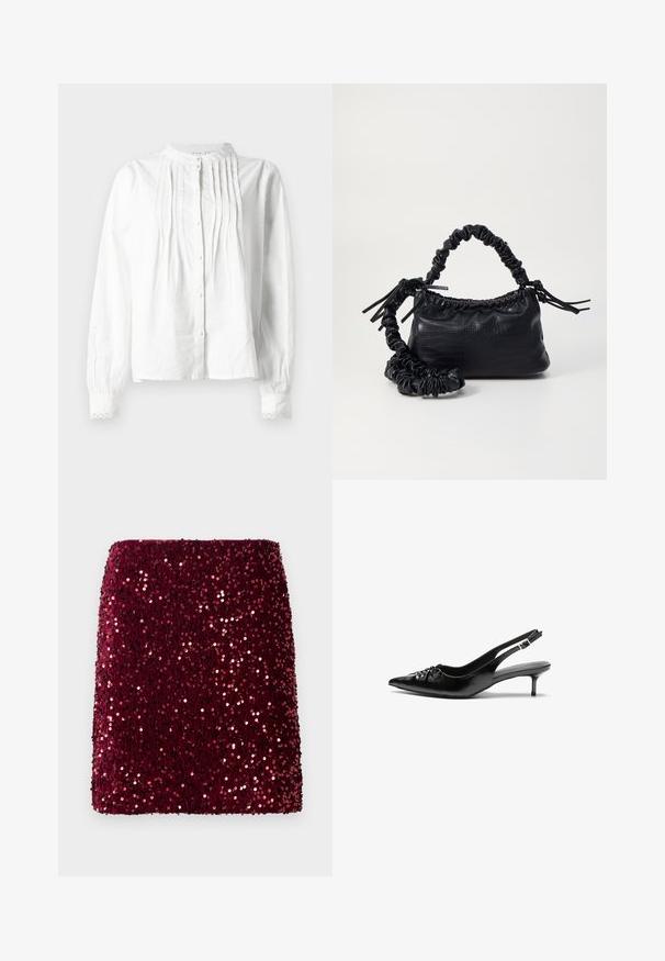 Bijela bluzica dugih rukava s uspravnim ovratnikom, vertikalnim nabranim detaljima na prednjem dijelu, zatvaranjem na gumbi i čipkastim rubovima manžeta.; Bordo mini suknja od šljokica s krojem koji se prilagođava tijelu, teksturiranom površinom i glatkim rubom, odražava svjetlost za sjajan efekt.; Crne kožne sandale na petu s remenom oko pete, špicastim vrhom, niskom petom u stilu kitten i naboranim detaljem na gornjem dijelu. Glatka tekstura i minimalistički dizajn.; Crna torba od umjetne kože s teksturom krokodila, s cinčanim vrhom i naboranom trakom. Izgleda mekano i kompaktno u dizajnu.
