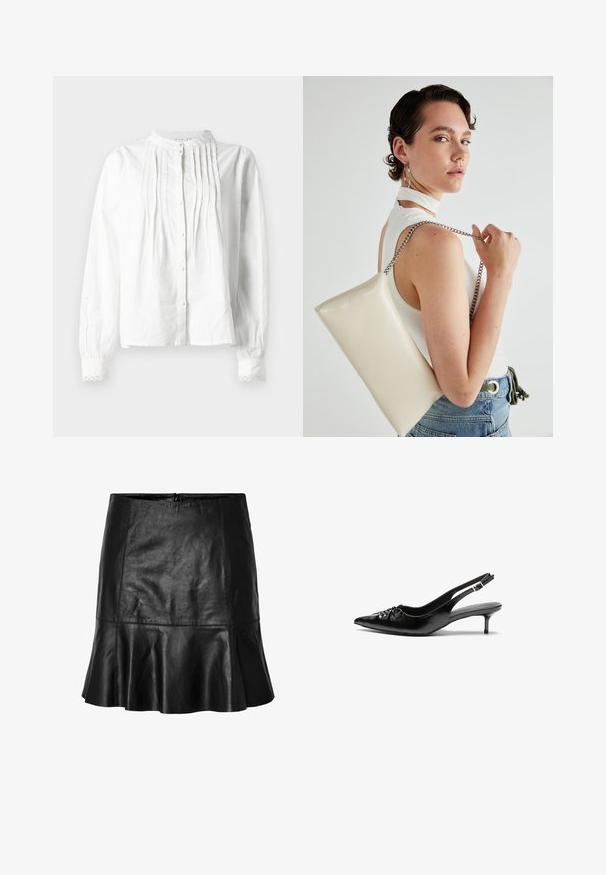 Blusa branca de manga longa com gola alta, pregas verticais na parte da frente, fecho de botão e punhos com rendas.; Mini saia de pele preta com bainha ampla e detalhes de costura visíveis, apresentando um fecho de zíper nas costas.; Sapatos de salto alto slingback em couro preto com bico fino, pequeno salto kitten e um detalhe decorativo em forma de nó na parte da frente. Textura suave em toda a parte.; Bolsa de mão retangular branca, feita de material brilhante, com uma alça em corrente prateada. Modelo posa, exibindo a bolsa contra um fundo simples.