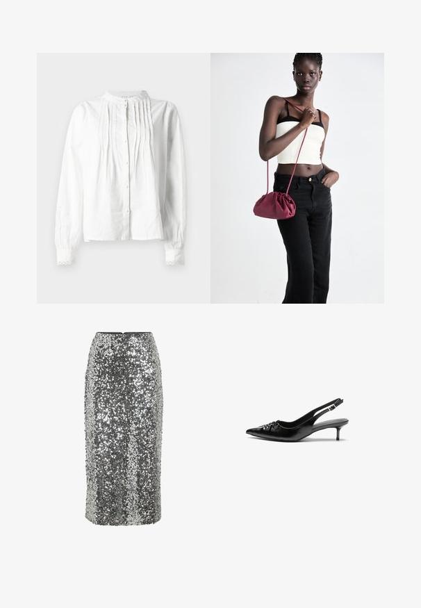 Bijela bluzica dugih rukava s uspravnim ovratnikom, vertikalnim nabranim detaljima na prednjem dijelu, zatvaranjem na gumbi i čipkastim rubovima manžeta.; Srebrna olovka suknja s šljokicama, usklađenog kroja, do koljena, s glatkom teksturom. Ima skriveni stražnji patentni zatvarač.; Crne kožne sandale na petu s ikkrenim nosom, malom kitten petom i dekorativnom mašnom sprijeda. Glatka tekstura svuda.; Bordo mekani torbeni sakupljenog dizajna s dugom trakicom, nošenom preko tijela. Model nosi bijelu kratku majicu i crne traperice.
