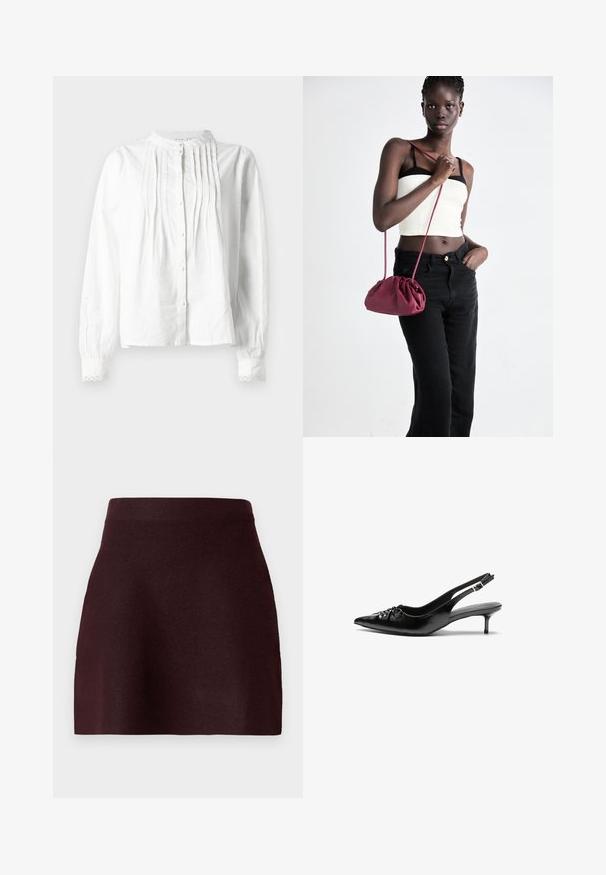 Bijela bluzica dugih rukava s uspravnim ovratnikom, vertikalnim nabranim detaljima na prednjem dijelu, zatvaranjem na gumbi i čipkastim rubovima manžeta.; Burgundska mini suknja s uklopljenim pojasom, glatkom teksturom i lepršavim siluetom. Jednostavan dizajn bez uzoraka ili metalnih detalja.; Crne kožne sandale na petu s ikkrenim nosom, malom kitten petom i dekorativnom mašnom sprijeda. Glatka tekstura svuda.; Bordo mekani torbeni sakupljenog dizajna s dugom trakicom, nošenom preko tijela. Model nosi bijelu kratku majicu i crne traperice.