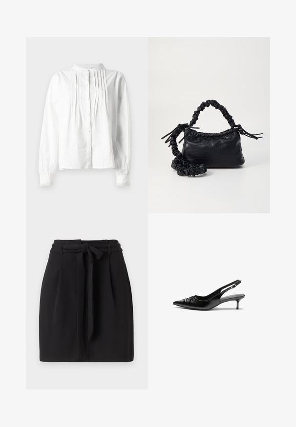 Vit långärmad blus med ståkrage, vertikala veck på framsidan, knappstängning och spetsdekorerade ärmslut.; Svart kjol med knytning i midjan, som har en skräddarsydd silhuett och veck. Tillverkad av ett mjukt tyg med en ren kant.; Svart läderslingback med spetsig tå, låg klack i kattunge-stil och veckdetalj på framdelen. Slät textur och minimalistisk design.; Svart faux läderhandväska med krokodiltextur, snodd topp och en skrämd rem. Ser mjuk och kompakt ut i designen.