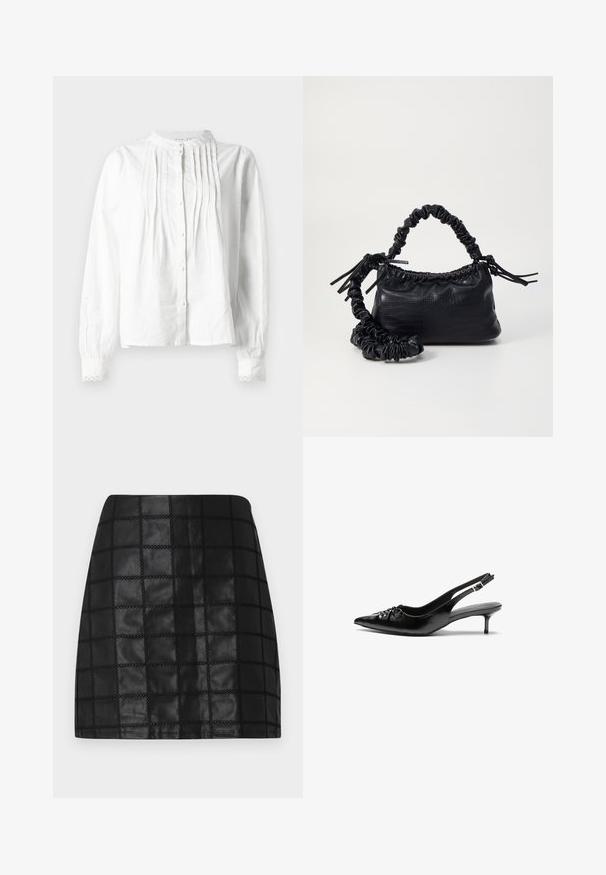 Blusa branca de manga longa com gola alta, pregas verticais na parte da frente, fecho de botão e punhos com rendas.; Saias de mini de couro preto com um padrão de grelha texturizado, apresentando costura elevada e uma silhueta justa. O acabamento suave realça o design.; Sapatos de salto alto slingback em couro preto com bico fino, pequeno salto kitten e um detalhe decorativo em forma de nó na parte da frente. Textura suave em toda a parte.; Bolsa de mão em couro sintético preto com textura de crocodilo, topo franzido e alça enrugada. Apresenta um design suave e compacto.