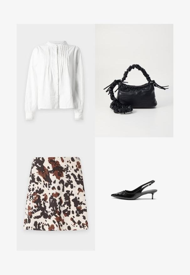 Blouse blanche à manches longues avec col montant, plis verticaux à l'avant, fermeture à boutons et poignets bordés de dentelle.; Jupe courte avec un motif tacheté de vache en crème, marron et noir. Fabriquée en tissu doux, elle présente un design droit et ajusté avec une légère élasticité.; Escarpins slingback en cuir noir avec bout pointu, petit talon kitten et détail froncé sur le cou-de-pied. Texture lisse et design minimaliste.; Sac à main en simili cuir noir avec une texture crocodile, un dessus resserré et une sangle froncée. A l'apparence douce et compacte.