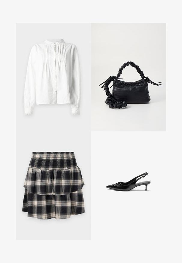 Bluză albă cu mâneci lungi, cu guler în picioare, plisuri verticale pe față, închidere cu nasturi și manșete cu dantelă.; Fustă cu carouri alb-negru în straturi, cu talie elastică. Prezintă straturi volan și o textură moale din bumbac.; Cizme slingback din piele neagră, cu vârf ascuțit, toc mic de tip kitten heel și un detaliu decorativ sub formă de nod în față. Textură netedă pe întreaga suprafață.; Geantă din faux leather neagră cu textură de crocodil, cu partea superioară strânsă și o curea mototolită. Pare moale și compactă ca design.