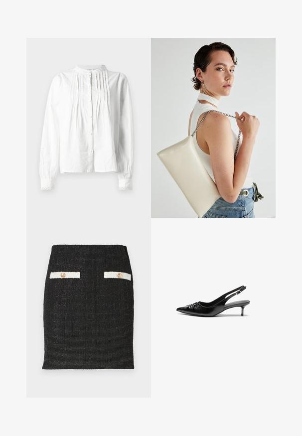 Blusa branca de manga longa com gola alta, pregas verticais na parte da frente, fecho de botão e punhos com rendas.; Saia de tweed preta com tecido texturizado e um design ajustado. Apresenta dois detalhes de bolso brancos com botões em tom de ouro.; Sapatos de salto alto slingback em couro preto com bico fino, pequeno salto kitten e um detalhe decorativo em forma de nó na parte da frente. Textura suave em toda a parte.; Bolsa de mão retangular branca, feita de material brilhante, com uma alça em corrente prateada. Modelo posa, exibindo a bolsa contra um fundo simples.