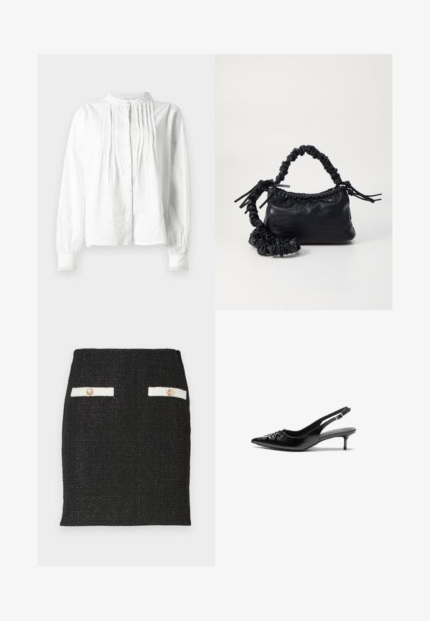 Blusa branca de manga longa com gola alta, pregas verticais na parte da frente, fecho de botão e punhos com rendas.; Saia de tweed preta com tecido texturizado e um design ajustado. Apresenta dois detalhes de bolso brancos com botões em tom de ouro.; Sapatos de salto alto slingback em couro preto com bico fino, pequeno salto kitten e um detalhe decorativo em forma de nó na parte da frente. Textura suave em toda a parte.; Bolsa de mão em couro sintético preto com textura de crocodilo, topo franzido e alça enrugada. Apresenta um design suave e compacto.
