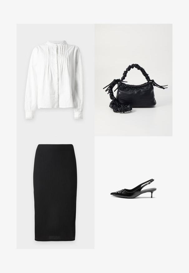 Fehér, hosszú ujjú blúz álló gallérral, függőleges redőzéssel elöl, gombos záródással és csipke díszítésű mandzsettával.; Fekete bordázott ceruzaszoknya testhez simuló fazonnal, sima textúrával és térd alá érő szabással. Egyszerű derékpánt díszítés nélkül.; Fekete bőrből készült slingback magassarkú cipők hegyes orral, kis francia sarokkal és díszes csomóval az elején. Az egész felületen sima textúra.; Fekete műbőr kézi táska krokodil bőr textúrával, összehúzható tetejű és gyűrt pánttal. Lágy és kompakt dizájnúnak tűnik.