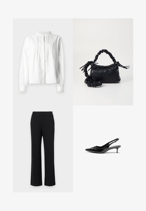 White long-sleeve blouse with stand collar, vertical pleats on front, button closure, and lace-trimmed cuffs.; Black, flared trousers with a smooth texture, mid-rise waistband, and side pockets. Simple design without patterns or embellishments.; Black leather slingback heels with a pointed toe, small kitten heel, and a decorative knot detail on the front. Smooth texture throughout.; Black faux leather handbag with a crocodile texture, cinched top, and a scrunched strap. Appears soft and compact in design.