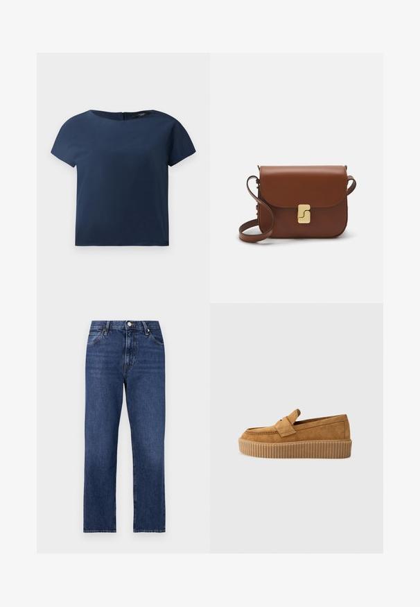 Námořnický modrý top s krátkým rukávem, kulatým výstřihem, hladkou tkaninou a volným střihem, se subtilním zapínáním na zadní straně a minimálními švy.; Džínové kalhoty v tmavě modrém washi. Rovný střih s pěti kapsami, zapínání na předním knoflíku a kontrastním prošíváním.; Hnědé semišové mokasíny s kulatou špičkou, se žebrovanou platformou a dekoračním páskem přes vrch.; Hnědá kožená kabelka s klopou, zlatými kovovými detaily, ramenním popruhem a hladkým povrchem. Kompaktní obdélníkový tvar.