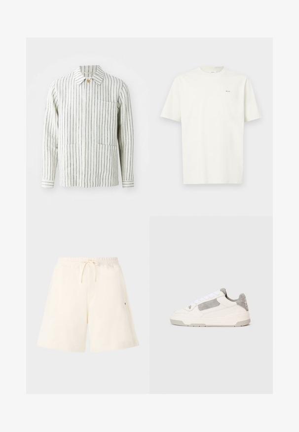 Ribaga kreemi ja tumesinise värviga jakk, valmistatud kergest kangast. Omab krae, nööbikinnitust ja kahte esist taskut.; Üksikasjadeta valge lühikeste varrukatega T-särk, mille vasakul rinnal on väike must tekst "NN. 07", heledal taustal.; Kreemikas värvi lühikesed püksid pehmest kangast, millel on elastne vöökoht koos paeltega, küljetaskud ja mugav lõige.; Valge ja heledashall madalate tossude paar, millel on valged rihmad ja nahktooted, näidatud külgedelt ühevärvilisel heledal taustal.