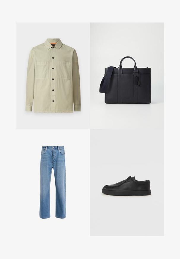 Veste chemise vert clair en tissu lisse ; comporte deux poches frontales, des boutons noirs et une petite étiquette logo sur la manche.; Jeans en denim bleu clair avec une coupe droite, cinq poches, fermeture à bouton, peu d'usure et des détails de couture contrastés.; Chaussure noire en cuir à enfiler avec un bout arrondi, des détails cousus et une semelle en caoutchouc noire. Texture lisse avec un design minimaliste.; Malette en cuir bleu marine foncé avec deux poignées supérieures et une sangle détachable. Présente une finition texturée, des coutures verticales et un détail de logo.