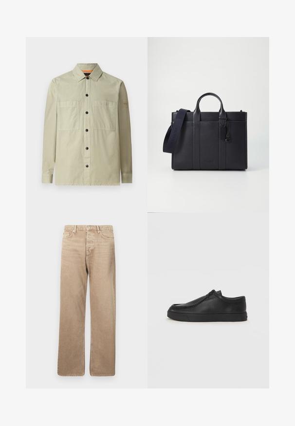 Svijetlozelena košulja-jakna izrađena od glatkog materijala; ima dvije prednje džepove, crne gumbe i mali logo pečat na rukavu.; Bež traperice ravnog kroja, s pet džepova, zatvaranjem na gumbe i kontrastnim šavovima. Glatka tekstura i minimalno trošenje.; Crne kožne cipele bez vezivanja s okruglim vrhom, šivanim detaljima i crnom gumenom potplatom. Glatka tekstura s minimalističkim dizajnom.; Tamno plavi kožni aktovka s dvije gornje ručke i odvojivim remenom. Ima teksturiranu površinu, vertikalno šivenje i detalj s logotipom.