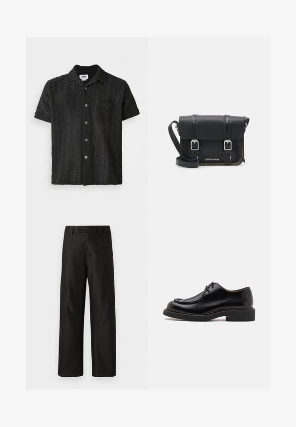 Īsām piedurkņu melna tamborēta krekls ar brīvu piegriezumu, ar pogām priekšpusē, vienu krūšu kabatu un teksturētu atvērtu rakstu.; Melnas platās bikses, izgatavotas no gludas auduma, ar plakanu priekšu, jostas cilpām un divām sānu kabatām. Sarkanā zīmola logo akcentācija pusē.; Melnas ādas kurpes ar noapaļotu pirkstu, šūšanas detaļām, minimālām saites un bieza gumijas zole, lai nodrošinātu saķeri un izturību.; Melna ādas crossbody soma ar vāciņu, divām sudraba sprādzēm, dzeltena diega šuvēm un regulējamu siksnu. Iespējas ar gludu faktūru un kompakto dizainu.