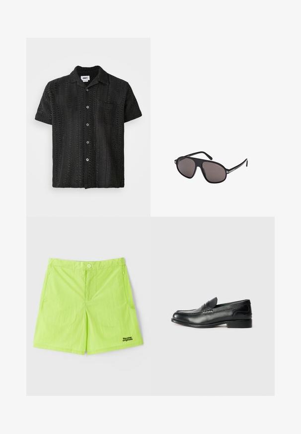 Černá háčkovaná košile s krátkým rukávem a volným střihem, s knoflíkovou přední částí, jednou náprsní kapsou a strukturovaným otevřeným vzorem.; Neonové zelené šortky vyrobené z lehké tkaniny, s zapínáním na knoflík, dvěma bočními kapsami a logem na spodní pravé straně.; Černé kožené mokasíny s hladkým povrchem, prošívanými detaily na svršku a mírně zvýšeným podpatkem.; Černé sluneční brýle s tmavými čočkami, elegantním tvaru pilotek a kovovými detaily. Rámečky mají matný povrch a decentní branding.
