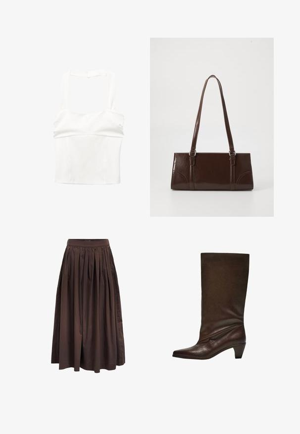 Witte crop top met brede bandjes en een aansluitend lijfje. Gemaakt van een gladde stof, met een schoon, minimalistisch ontwerp en zonder zichtbare sluitingen.; Bruine geplooide midi-jurk met een hoge taille, gemaakt van een soepele stof, met een volle silhouet en zijzakken voor extra functionaliteit.; Donkerbruin leren laars tot net onder de knie met een lage stapelhak, puntige neus en een lichtslappe schacht op een witte achtergrond.; Bruine lakleren handtas met een rechthoekige vorm, twee lange handvatten en subtiele gebogen accenten aan de voorkant.