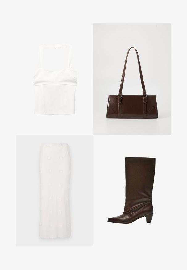 Hvid cropped top med brede stropper og tætsiddende overdel. Lavet af glat stof, med et rent, minimalistisk design og uden synlige lukninger.; Hvid knælang nederdel lavet af struktureret stof, med et broderet mønster og subtile frynser. Lige snit og sømløs taljebil.; Mørkebrun læderstøvle til midt på læggen med lav stablet hæl, spids tå og let nedslået skaft mod en hvid baggrund.; Brun lakeret håndtaske med rektangulær form, to lange håndtag og subtile buede detaljer på fronten.