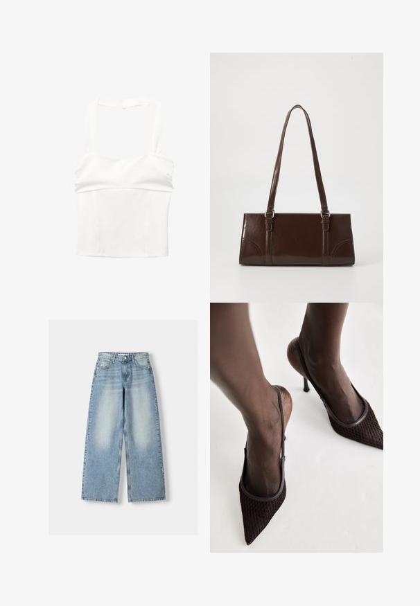 Fehér, rövidített felső széles pántokkal és formázott bodiccal. Simító anyagból készült, ami letisztult, minimális dizájnú, látható rögzítések nélkül.; Világoskék, széles szárú, magas derekú farmernadrág, enyhén kopott hatással, öt zsebbel és egyenes szabással.; Barna, hegyes orrú magas sarkú cipők, texturált hálós anyaggal, slingback fazonnal és vékony tűs sarokkal, semleges háttér előtt.; Barna lakkbőr kézitáska, téglalap alakú, két hosszú fogantyúval és finom ívelt díszítéssel az elején.