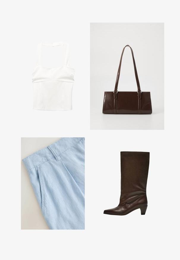 White cropped top with wide straps and a fitted bodice. Made from smooth fabric, featuring a clean, minimalist design and no visible fastenings.; Light blue linen shorts with a pleated design, featuring a waistband and stitching details. Smooth texture and casual style.; Dark brown leather mid-calf boot with low stacked heel, pointed toe, and slightly slouched shaft against a white background.; Brown patent leather handbag with a rectangular shape, two long handles, and subtle curved accents on the front.
