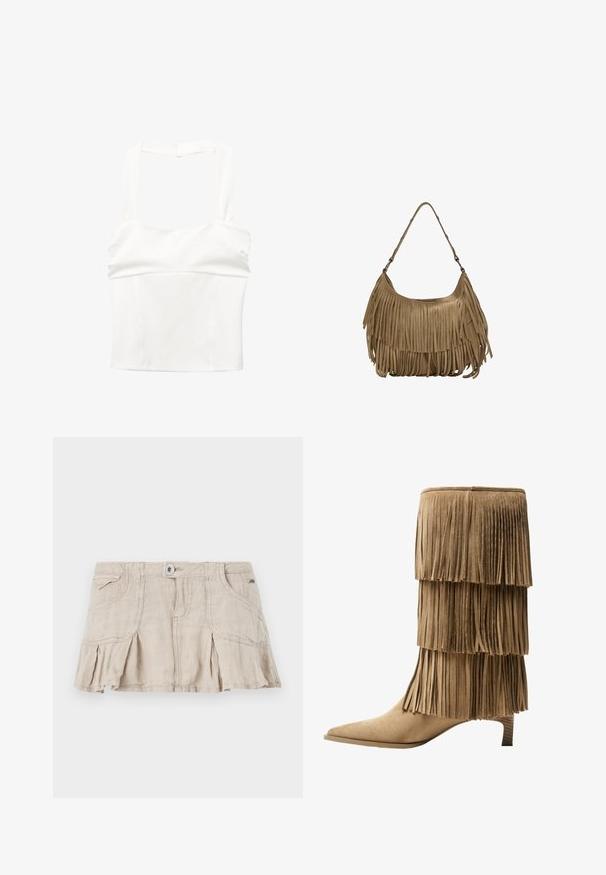 Bijela kratka majica s širokim naramenicama i uskim materijalom. Izrađena od glatkog materijala, s čistim, minimalističkim dizajnom i bez vidljivih kopčanja.; Bež mini suknja od lana s nabranim dizajnom, prednjim zakopčavanjem na dugmad i dva bočna džepa. Ima laganu teksturu i ležeran stil.; Kratka čizma od tan sueda s tri sloja rese. Oštri vrh i niska blok peta. Glatka tekstura kroz cijelu čizmu.; Smešena smeđa suđena torba s dugim resicama, zakrivljenim oblikom i jednim remenom za rame. Ima glatku, teksturiranu površinu.