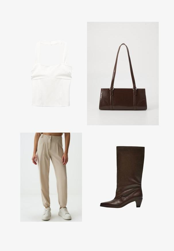 Biała krótka bluzka z szerokimi ramiączkami i dopasowanym krojem. Wykonana z gładkiego materiału, charakteryzująca się czystym, minimalistycznym designem i brakiem widocznych zapięć.; Beżowe spodnie plisowane z guzikiem, elastycznymi mankietami i gładką teksturą, w połączeniu z białymi trampkami na jednolitym tle.; Ciemnobrązowy skórzany botek sięgający do połowy łydki z niskim, zwartego obcasem, spiczastym noskiem i lekko opadającą cholewką na białym tle.; Brązowa torebka z lakierowanej skóry o prostokątnym kształcie, z dwiema długimi rączkami i subtelnymi zaokrągleniami z przodu.