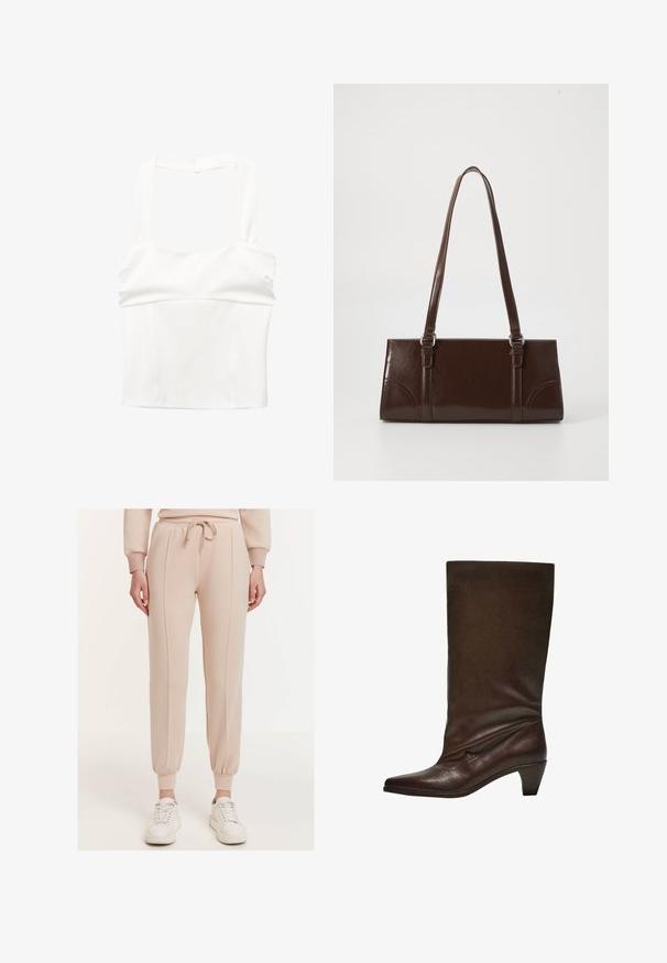 Weißes cropped Top mit breiten Trägern und figurbetontem Oberteil. Hergestellt aus glattem Stoff, mit einem klaren, minimalistischen Design und ohne sichtbare Verschlüsse.; Beige Jogginghosen mit elastischen Bündchen und einem Kordelzugbund. Mit zwei vertikalen Nähten an der Vorderseite. Tragen mit weißen Sneakers.; Dunkelbraune Lederstiefel bis zur Mitte der Wade mit niedrigem Blockabsatz, spitzem Schuh sowie leicht schlaffem Schaft vor einem weißen Hintergrund.; Braune Lackleder-Handtasche in rechteckiger Form, mit zwei langen Griffen und subtilen, geschwungenen Akzenten auf der Vorderseite.