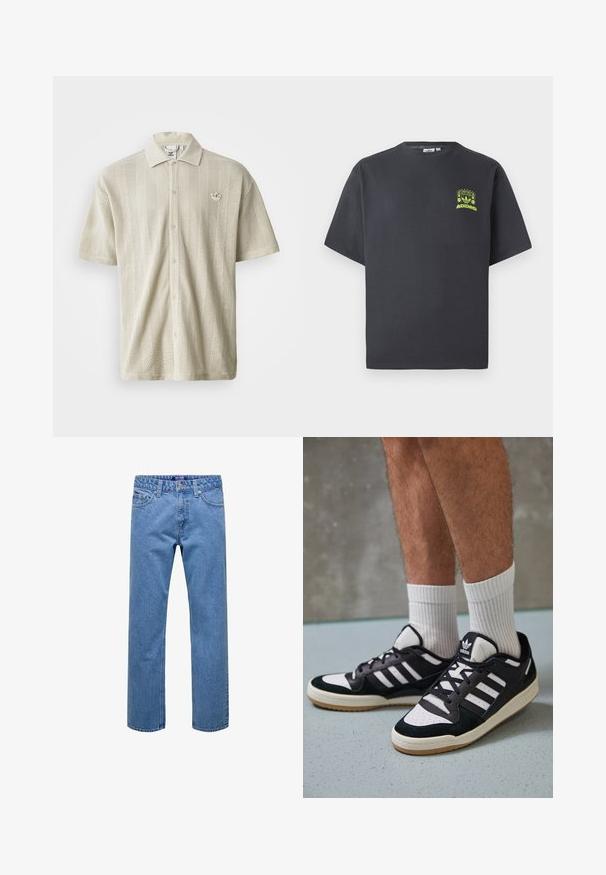 Polo majica svijetle bež boje s kratkim rukavima, teksturiranim perforiranim uzorkom i prednjim kopčanjem na dugmad. Ima vezeni logo na prsima.; Majica Adidas u boji ugljena s kratkim rukavima i malim grafikom u neon zelenoj boji koja prikazuje zvučnike, sunce i Adidas logotip na lijevoj strani prsnog koša.; Svijetloplave traperice s ravnim nogavicama, pet džepova i zakopčavanjem na gumb. Imaju teksturiranu tkaninu i klasično šivanje.; Crne i bijele tenisice s gornjim dijelom od antilopa i kože, s tri bijele pruge, perforiranim prstom i gumiranim potplatom.