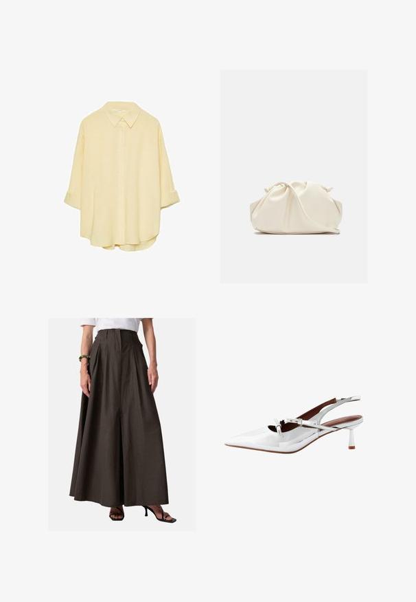 Helles gelbes, knöpfbares Hemd aus weichem Stoff. Verfügt über einen klassischen Kragen, aufgerollte Ärmel und eine lockere Passform mit abgerundetem Saum.; Brauner, gefalteter, langer Rock aus leichtem Material; hat eine hohe Taille und seitliche Taschen; kombiniert mit schwarzen, hohen Sandalen.; Weißes Lackleder Slingback-High Heel mit spitzer Zehenform, schlankem Absatz, Kreuzriemen und einem dezenten Schnallendetail. Glatte, glänzende Oberfläche.; Cremfarbener, weicher Kunstlederbeutel mit gerafftem Design, verstellbarem Schultergurt und subtiler Kordelzug-Verschluss. Glatte Textur und runde Form.