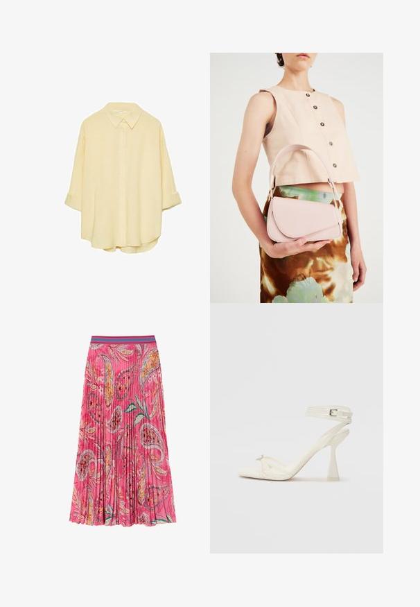 Vaaleankeltainen, napillinen paita pehmeästä kankaasta. Siinä on klassinen kaulus, käännetyt hihat ja rento istuvuus kaarrevahvalla helmalla.; Vaaleanpunainen laskostettu hame, jossa on kukka- ja paislekuvioita, sekä kontrastivärinen turkoosi raitahalkio. Valmistettu kevyestä kankaasta.; Valkoinen nahkainen strappisaapas, jossa on virtaviivainen muotoilu, läpinäkyvä lohko-osa ja koristeellinen elementti varpaassa.; Vaaleanpunainen nahkakäsilaukku, jossa on kaareva läppä, yksittäinen olkahihna ja puhtaat linjat. Laukussa on sileä pinta ja minimalistinen muotoilu.