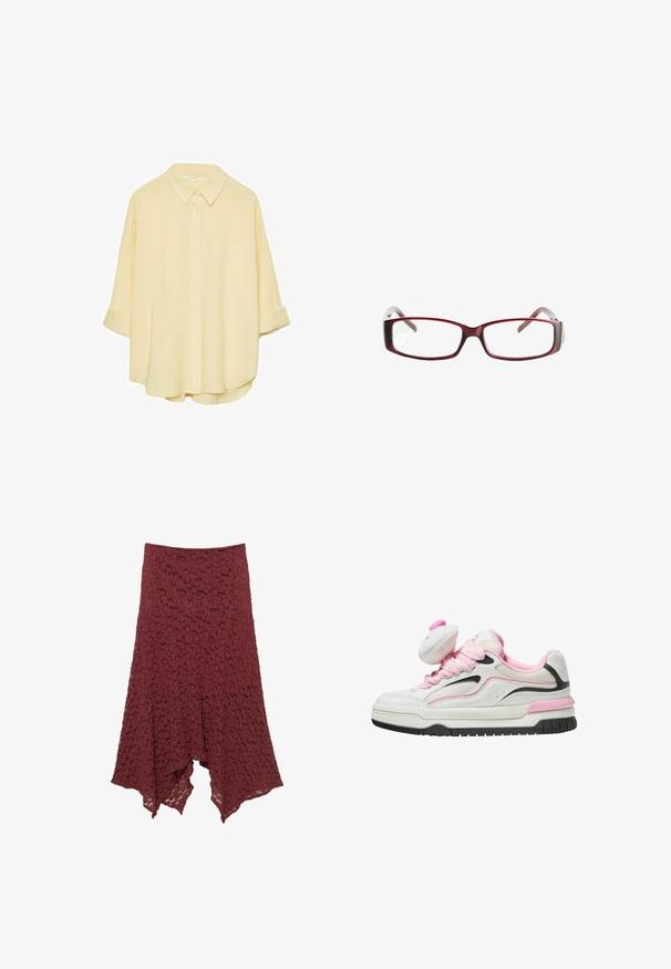 Svetlo rumena, srajca na gumbe iz mehkega materiala. Ima klasičen ovratnik, zavihane rokave in sproščen kroj s ukrivljenim robom.; Bordo čipkasta krilo s razširjeno silhueto, ki ima teksturiran vzorec in asimetrično dna za tekoč videz.; Bele in roza tenisice z mrežastim zgornjim delom, oblazinjenim jezikom in črnimi akcenti. Debel gumijast podplat s strukturiranim profilom za boljši oprijem.; Rdeče pravokotne očalno okvirje s eleganten dizajn. Jasne leče, rahlo prosojne temple in gradientni učinek od rdeče do sive.