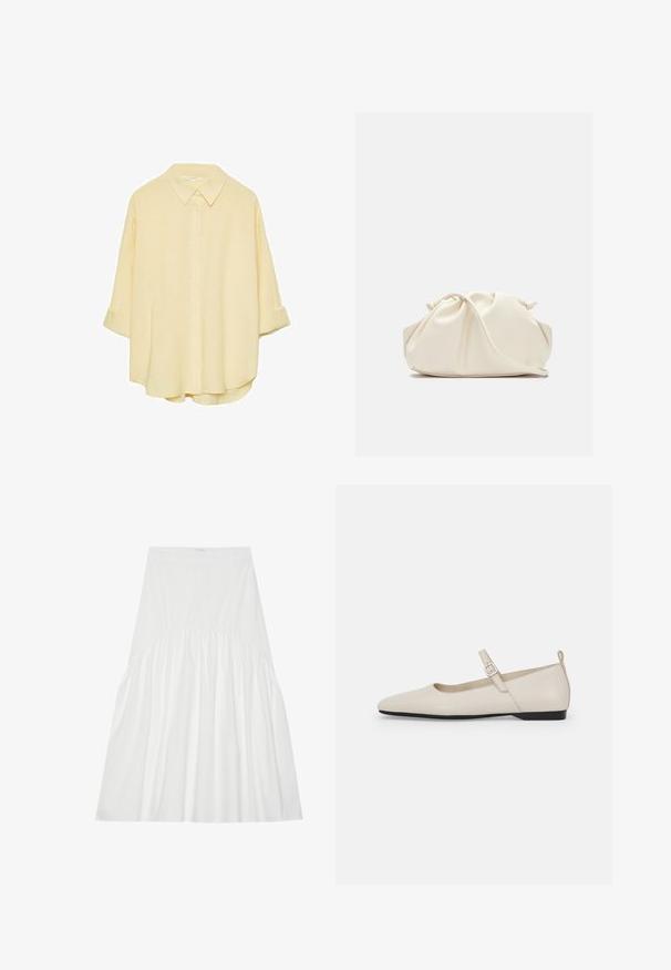 Světle žlutá košile na knoflíky vyrobená z měkké tkaniny. Obsahuje klasický límec, ohrnuté rukávy a volný střih s zakřiveným spodním lemem.; Bílá sukni ke kolen vyrobená z bavlny. Obsahuje nabírané detaily v pase, hladkou texturu a jednoduchý, klasický siluetu do A.; Bílé kožené baleríny Mary Jane s špičatou špičkou, postranním sponou a nízkým černým podpatkem. Hladká textura a minimalistický design.; Krémová, měkká taška z umělé kůže s nabráním, nastavitelným popruhem a nenápadným stahováním. Hladký povrch a zakulacený tvar.